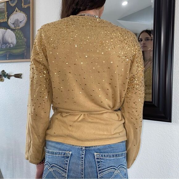 Newport News Womens V-Neck Long Sleeve Sequins Wrap Top Blouse Brown Size XL - Picture 10 of 15